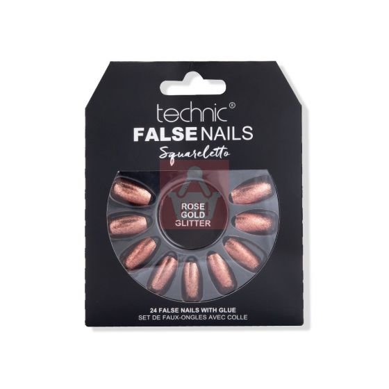 Technic Squareletto 24 False Nails With Glue - Rose Gold Glitter - Kbazar - Korean Cosmetics Store