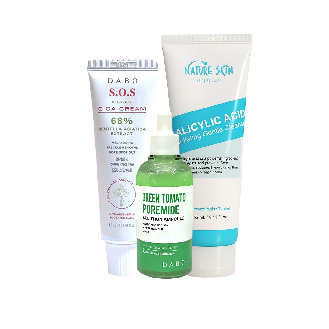 Sensitive Skin Care Combo: S.O.S Recovery CICA Cream, Nature Skin Salicylic Acid, Green Tomato Ampoule - Kbazar Korean Cosmetics Store