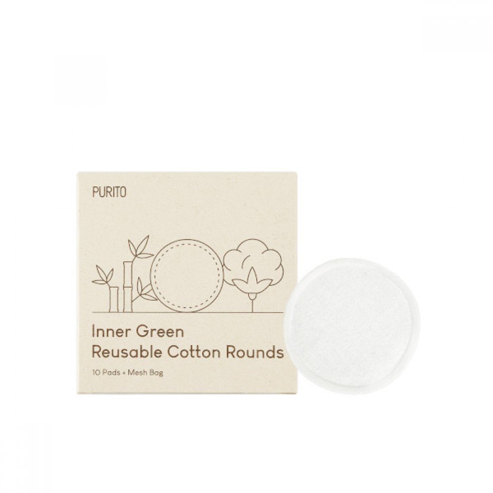 PURITO Inner Green Reusable Cotton Rounds 10pads with Mesh Bag - Kbazar Korean Cosmetics Store