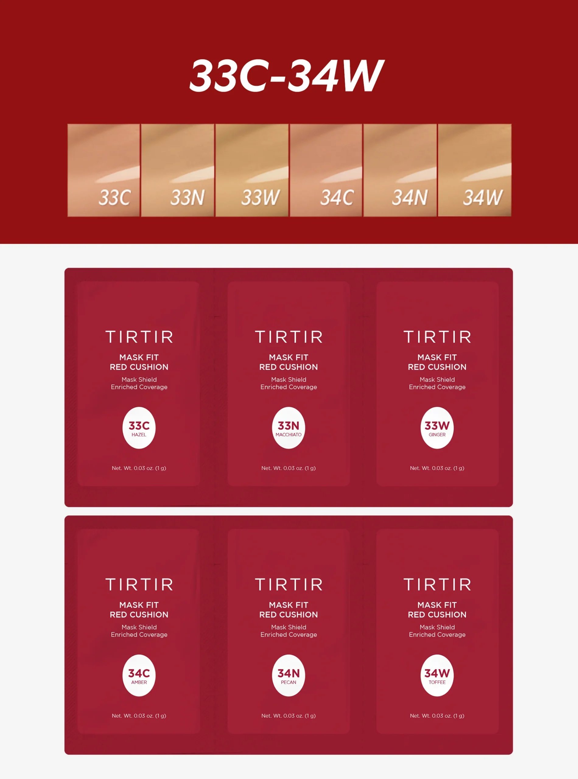 TIRTIR Mask Fit Red Cushion 6 Shade Trial Kit – 33C,33N,33W,34C,34N,34W - Kbazar Korean Cosmetics Store